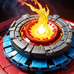 **A vibrant, dynamic image of a "Dragon Flame" Beyblade in mid-battle, surrounded by fiery effects. Show sparks and intense energy emanating from the Beyblade as it clashes with its opponent in a Beyblade stadium.** (Focus: power, intense action, fire)