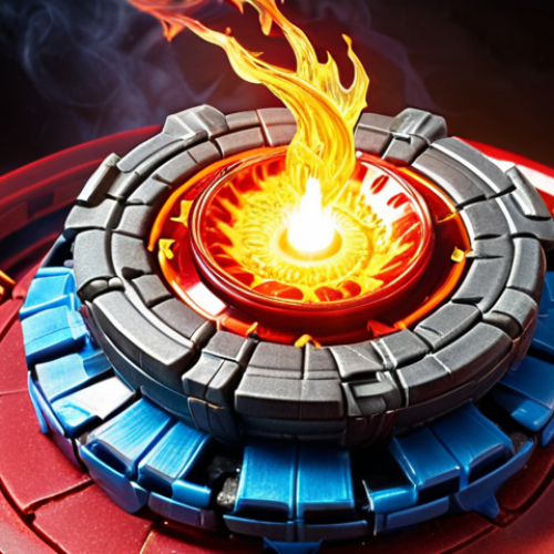 Home 4 **A vibrant, dynamic image of a "Dragon Flame" Beyblade in mid-battle, surrounded by fiery effects. Show sparks and intense energy emanating from the Beyblade as it clashes with its opponent in a Beyblade stadium.** (Focus: power, intense action, fire)