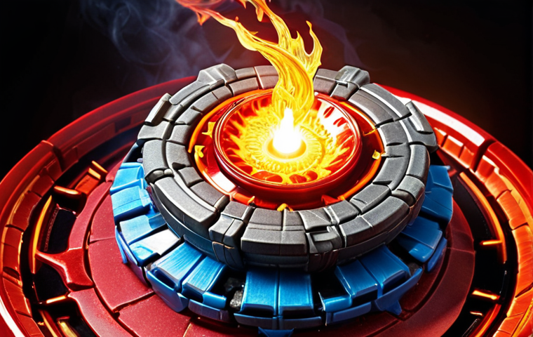 **A vibrant, dynamic image of a "Dragon Flame" Beyblade in mid-battle, surrounded by fiery effects. Show sparks and intense energy emanating from the Beyblade as it clashes with its opponent in a Beyblade stadium.** (Focus: power, intense action, fire)