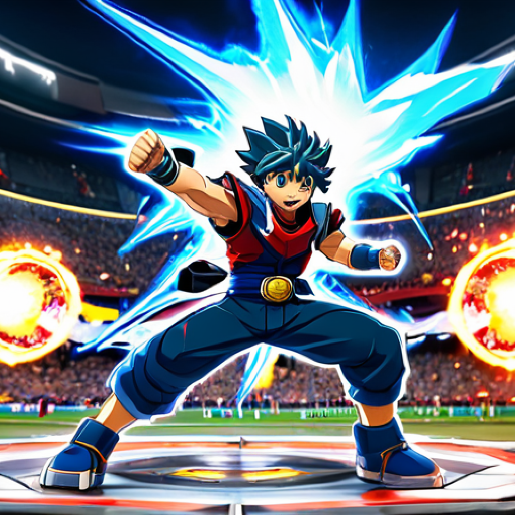 베이블레이드 버스트 대회 영상 리뷰 - **Image Prompt:** "A professional photograph of a Beyblade Burst stadium mid-battle, with Valtryek (...