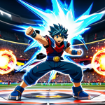베이블레이드 버스트 대회 영상 리뷰 - **Image Prompt:** "A professional photograph of a Beyblade Burst stadium mid-battle, with Valtryek (...