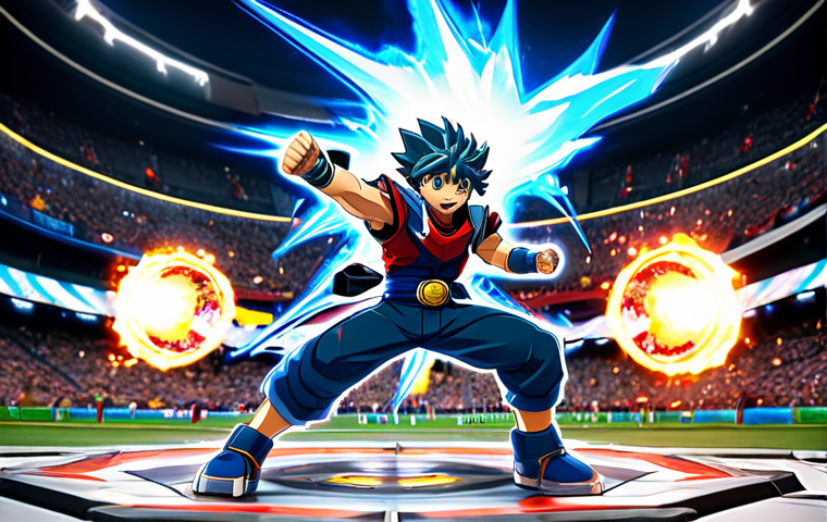 베이블레이드 버스트 대회 영상 리뷰 - **Image Prompt:** "A professional photograph of a Beyblade Burst stadium mid-battle, with Valtryek (...